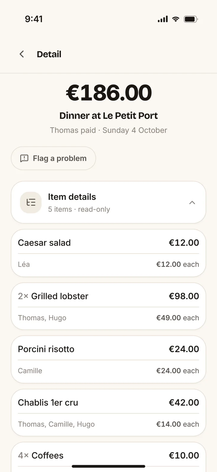 FYVLO’s Detail screen: dinner at Le Petit Port, €186, and for each item, who had it.
