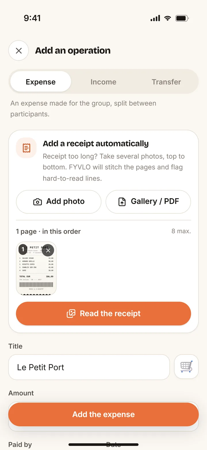 The add-expense screen: the photo of the Le Petit Port receipt, ready to be read.