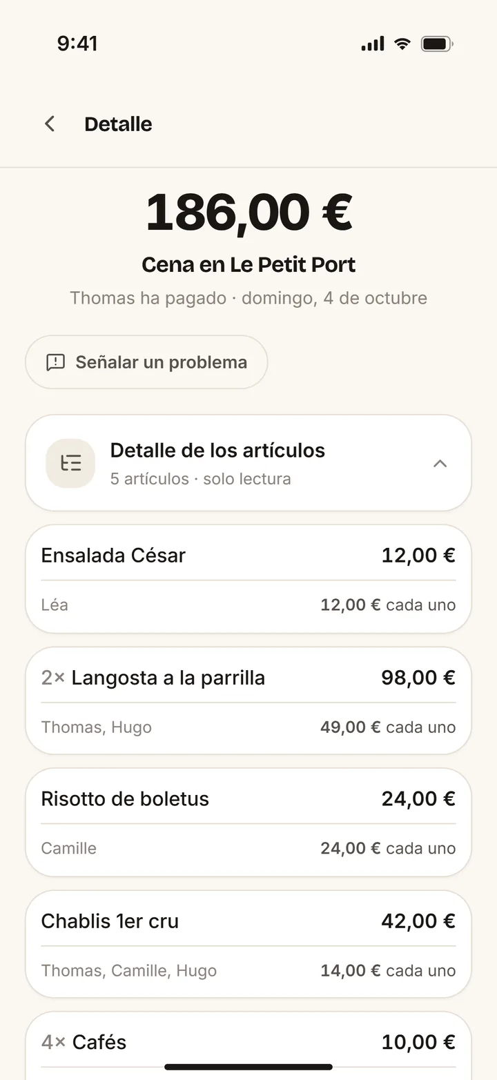 Pantalla Detalle de FYVLO: la cena en Le Petit Port, 186 €, y para cada artículo, quién lo tomó.